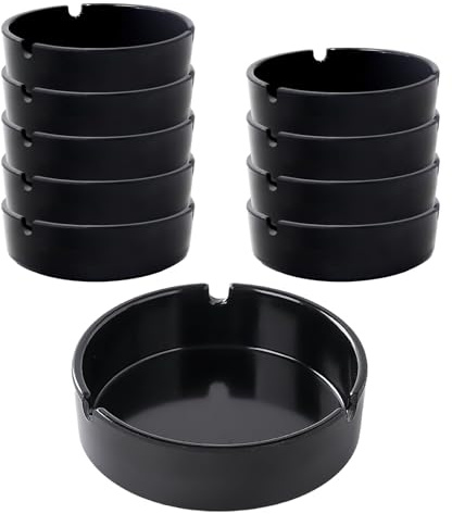 Ashtray Set Portable Ash Trays 10pcs, Reusable Melamine Ashtray with Slot | for Holding Cigarettes, Ashtrays for Outside Home Bars Offices Restaurants (Black)