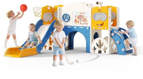 Tobogán Infantil 11 en 1, para Interior y Exterior, con aro de Baloncesto, Campo de Golf, telescopio y Espacio de Almacenamiento, Patio de Juegos Independiente (Beige Gris)