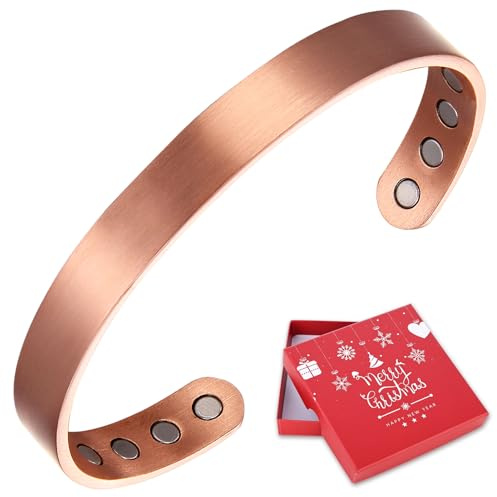 MagEnergy 99.9% Pure Copper Magnetic Bracelet for Men & Women, 6.8 Adjustable Bangle with 8 Magnets, Holiday Christmas Box (Plain Design)