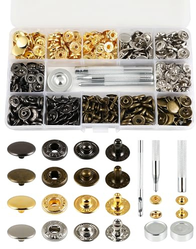 Nuevo set de broches – 120 corchetes de presion metalicos, botones de presión grandes, broches sin coser, botones de presión para atornillar, set de broches para cuero, ropa y bolsos