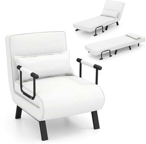 RELAX4LIFE 4 in 1 Poltrona Letto singolo, Poltroncina Pieghevole con Schienale Regolabile in 6 Posizioni, Poltrona Reclinabile con Cuscino e Braccioli per Camera da Letto e Salotto (BIANCO)