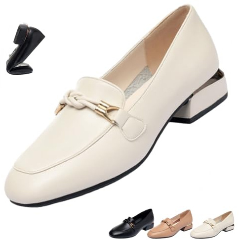 Zapatos de tacón bajo de cuero con bloque de tacón para mujer, elegantes con punta cuadrada y tacón grueso, zapatos de oficina, cómodos, mocasines de penny, bombas y tacones, beige, 38 EU