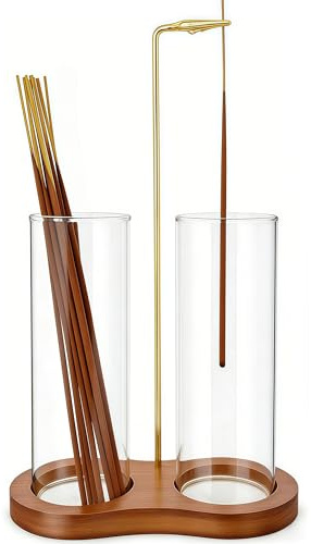 Kezidhp Quemador de Incienso y Porta Incienso - Set Completo con Base de Madera, 2 Vasos de Vidrio y Tenaza de Metal para Meditación, Yoga, Relajación y Decoración del Hogar