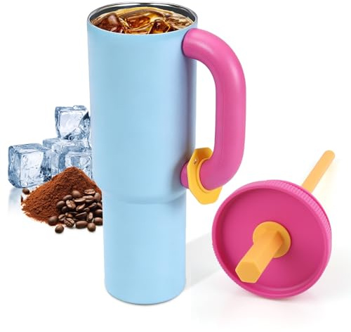 ZoneYan 40 oz (1,18 liter) tumlare i rostfritt stål, bärbar termisk mugg, med handtag och sugrör, termosflaska med stor kapacitet, termisk resemugg, bilglas, isoleringsmugg (C)