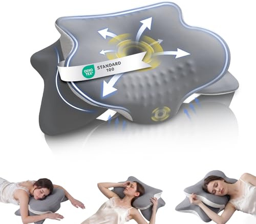 Seitenschläferkissen – Ergonomisches Nackenkissen in Schmetterlingsform Nackenstützkissen, OEKO-TEX Standard 100 zertifiziert, atmungsaktives Kopfkissen für Seiten , Rücken und Bauchschläfer,Grau