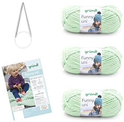 Gründl Wolle Funny uni - weiche Chenille Wolle mit Nadel und Anleitung für eine Babydecke - Kuschelig und hautfreundlich - 100 % Polyester - 3 Knäuel 100 g / 120 m - Nadelstärke 5 - 6, Pastellgrün