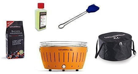 LotusGrill XL Starter Kit 1 XL LotusGrill Mandarine Orange 1 Beech Charcoal 1 kg - 1 Lighting Gel 200ml, 1 x Marinating Brush Ultramarine Blue, 1X Carry Case XL Smoke-Free Charcoal Tabletop Grill