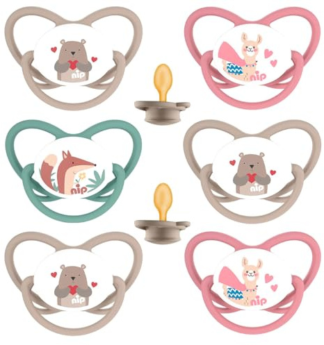 NIP Spar-Set NaturLatex Schnuller BUTTERFLY Größe 2 (5-18 Mo.) Latex 6er Pack Girls, Saugteil aus Latex BPA frei, made in Germany