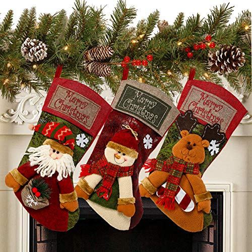 Sunnyglade 3PCS 18 Christmas Stocking Classic Large Stockings Santa, Snowman, Reindeer Xmas Character for Family Holiday Christmas Party Decorations