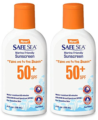 Safe Sea Jellyfish Sting-Blocking Sunscreen, SPF 50+ Lotion 4oz, Waterproof, Biodegradable, Coral Reef-Safe – Body and Face Sunscreen, Anti-Jellyfish and Sea-Lice sting protection. 4 Fl Oz (Pack of 2)