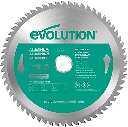 Evolution A210TCT-60CS Hoja de sierra de 210 mm de Evolution para cortar aluminio: la hoja de sierra de metal con punta de carburo no genera calor, rebabas ni chispas