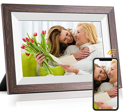 Frameo 10.1 Inch WiFi Digital Picture Frame with Frameo App, IPS Touch Screen HD Electronic Digital Photo Frame, Share Photos & Videos Instantly, Auto-Rotate Digital Picture Frame, Brown Wood