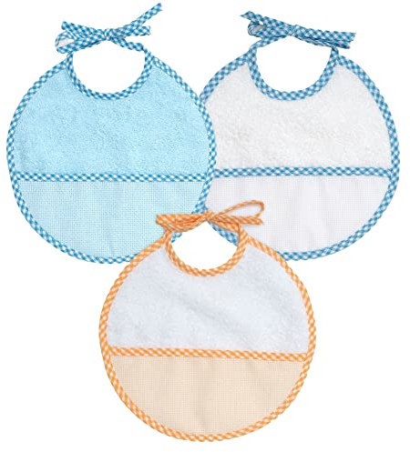 Ti TIN Pack de 3 baberos de punto de cruz para bebé de 0 a 6 meses 90% algodón rizo y 10% poliéster 20x20 cm cierre con cintas muy absorbentes aptos para secadora con bolsillo
