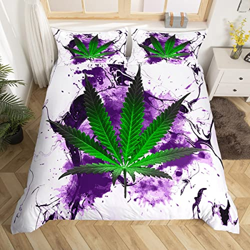 Marijuana Weed Bedding Set Women Men Cannabis Leaf Comforter Cover for Boys Girls Green Weed Purple Tie Dye Duvet Cover Breathable Chic Marble Bedspread Cover Quilt Cover Super King