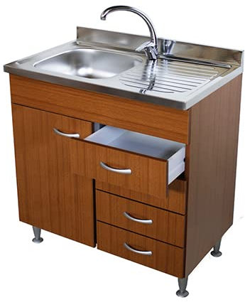 Mueble para lavabo de teca, 1 puerta y cajonera, sin fregadero de acero inoxidable, 80 cm