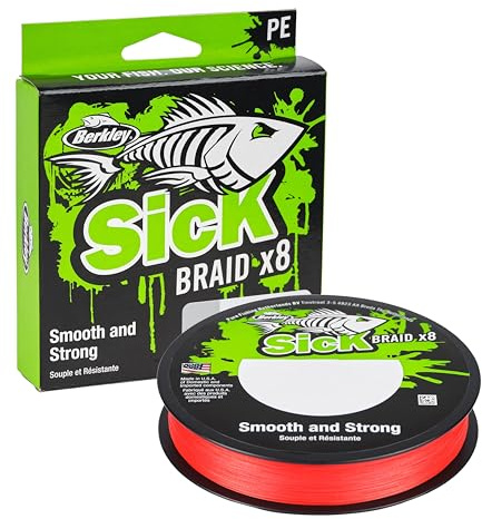 Berkley Sick Flaid – 8 strängar flätad fiskelina, superslät 8 bärare multifilament PE fläta rovdjur fiskelina 150/300 m för sötvatten och saltvatten havsfiske, unisex, röd