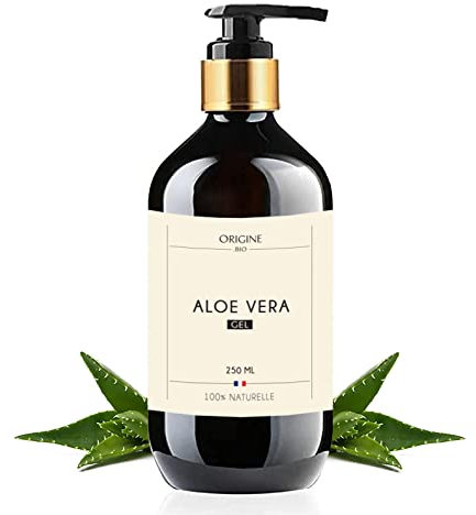 Origine - Gel Aloe Vera 250 ml Bouteille Verre Pur Visage Cheveux Peau 100% naturel Marque Française Flacon Pompe Hydratant Aloe Vera Bio