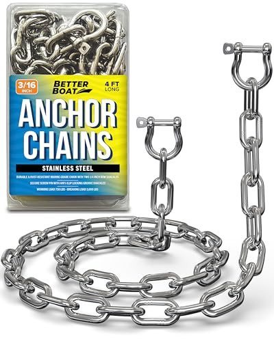 Stainless Steel Anchor Chain, Marine Grade Boat Accessories with Double Shackle Link Ends, 4 Ft Length, 3/16 Width for Boats