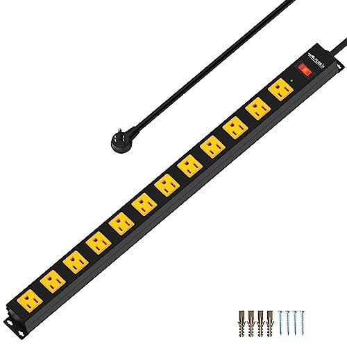 12 Outlet Long Power Strip, 2100 Joules Surge Protector, 6FT Power Cord, Wide Spaced Outlet Power Bar, Overload Protection Switch, Industrial Heavy Duty for Work Bench, Shop, Garage