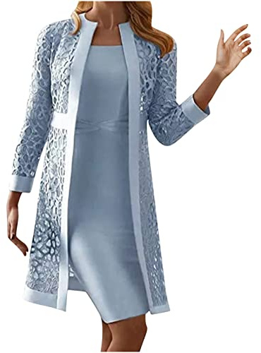 Wedding Guest Dresses for Women UK Clearance Two Piece Mother of The Bride Outfits Petite Lace Hollow Out Long Sleeve Cardigan + Sleeveless Dress Summer Elegant Party Casual Ladies Dresses Light Blue