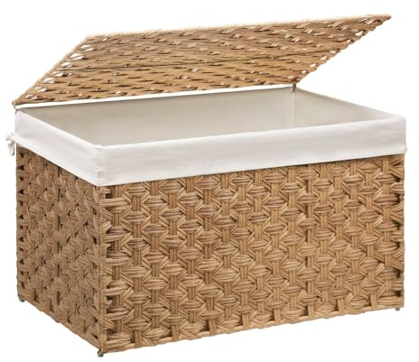 MOORLITER Wicker Storage Basket with Lid, 42.3 Gallon (160L) Large Blanket Basket with Lid, Woven Storage Bin with Handles, Removable Liner, Metal Frame, Foldable, for Bedroom, Laundry Room, Natural