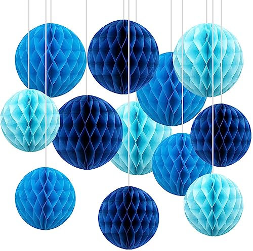 CC wonderland zone 12pcs Blue Paper Honeycomb Balls,Hanging Tissue Pom poms for Party Decoration,6inch&10inch