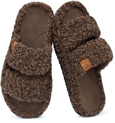 EverFoams Womens Fuzzy Open-toe Slippers Soft Comfy Memory Foam Indoor House Shoes Elegant Mocha, 7-8 US