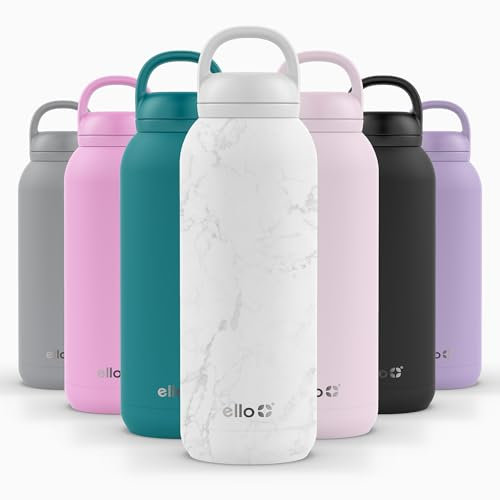 Ello Cooper Twist 40oz Stainless Steel Water Bottle with Chug Lid | Leak Proof | Double Walled and Vacuum Insulated | Built in Carry Loop | Dishwasher Safe | White Marble