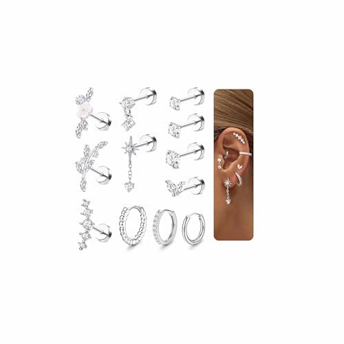 Adramata 12 st helix-piercingsmycken i kirurgiskt stål, tragus-örhängen, set, platt baksida, örhängen, stift, blomma, piercing, helix-ring, broskörhängen, silver, guld, tragus-piercingsmycken,