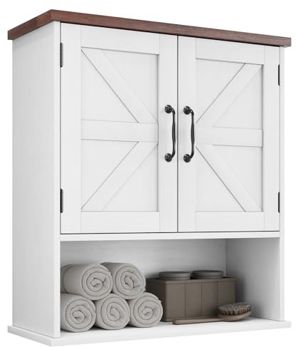 Mino Kesper Bathroom Wall Cabinet with Barn Doors, Wall Mounted Bathroom Cabinet, Farmhouse Style, Adjustable Shelf, Wall Mounted Medicine Cabinets, White