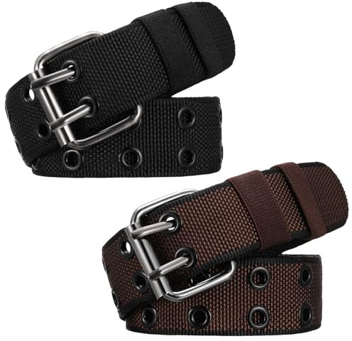 patinadrift 2 Stück Gürtel Herren Doppelloch Stoffgürtel Nietengürtel Unisex Dehnbarer Schwarz Gürtel für Damen Herren