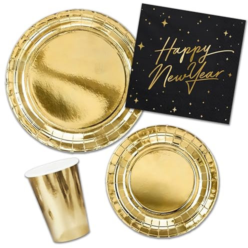 Decoraparty Set Stoviglie di Capodanno Oro per 6 Persone, Addobbi Decorazioni Dorate da Tavola Monouso per Vigilia Ultimo dell'Anno, 6 Piatti ⌀ 23cm, 6 Piatti ⌀ 18 cm, 6 Bicchieri, 20 Tovaglioli