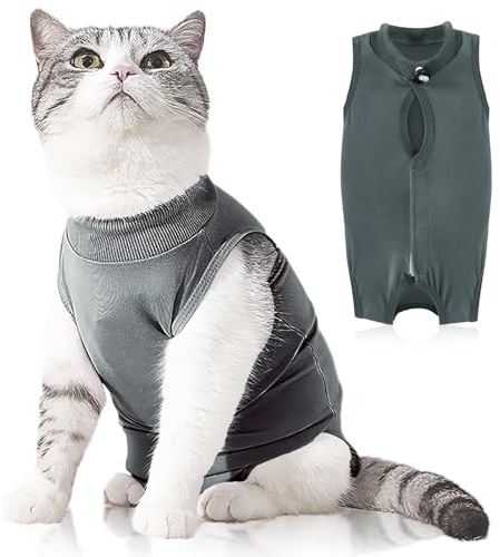 Plimbin Cat Recovery Suit Post Surgery Bodysuit for Cats, Anti-Lick Pet Vest for Kitten Spaying, Professional Recovery Suit for Abdominal Wounds or Skin Diseases (Grey, M)