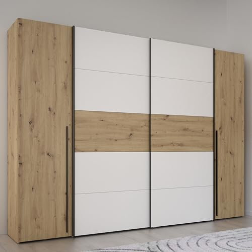 Forte NARAGO Kleiderschrank 270, 4-türiger Dreh-/Schwebetürenschrank mit Einlegeböden und Kleiderstange, Holzwerkstoff, Artisan Eiche/Weiß, 270,3 cm breit, 210,5 cm hoch, 61,2 cm tief