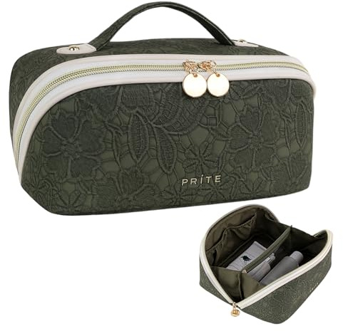Prite Travel Makeup Bag Flat Lay Cosmetic Case with Brush Pocket | Toiletry Bag, Two Sizes, 2 Compartments, Large Capacity, Wide Open, Portable Handle, Waterproof PU Leather, Gift Box Packaged