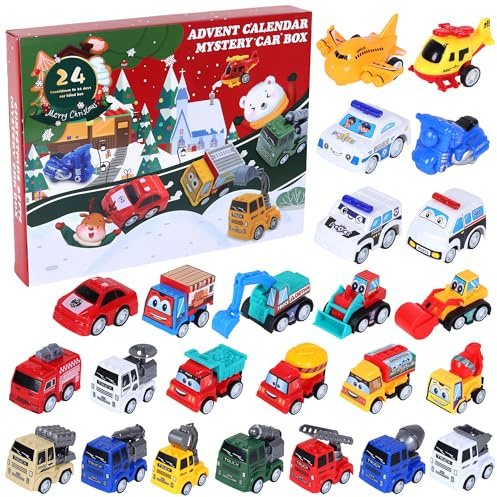 Christmas Car Advent Calendar 2025, 24 Days for Countdown Christmas Calendar Pull Back Car Toys Gifts for 2 3 4 5 6 7 8 Year Old Boys & Girls