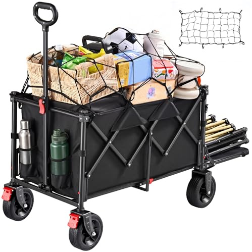 255L Festival Trolley on Wheels, Folding Wagon, Portable Camping Cart, Heavy Duty Camping Trolley Foldable for Beach Outdoor Shopping Fishing, Rear-Opening Design, Front Dual Brake Trolley, Black