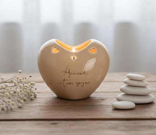 Mondocreazioni Porta Candela Cuore in Porcellana con Frase bomboniera per Matrimonio, Nascita, ricorrenze, Battesimo, Comunione, cresima Harmony (Tortora - PRMT26168)