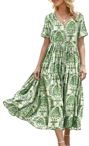 YESNO Women's Summer Maxi Dresses Casual Floral Short Sleeve V Neck Boho Beach Vacation Swing Dress with Pockets L EVFUK CR425