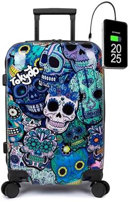 TOKYOTO - Valigia Da Cabina Divertente Per Bambini Ragazzi Fans Dei Cartoni Animati Teschi Messicani Catrinas Bagaglio A Mano USB 55x40x20 cm Trolley 55x35x20 Valigia Rigida 10 Kg Blue Skulls