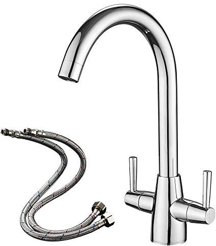 Heable Kitchen Mixer Tap Dual Lever Swivel Spout Chrome Sink Taps with UK Standard Fittings