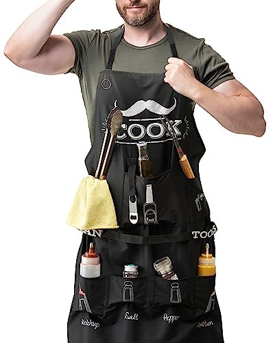 Bramble - Men’s BBQ Chef Apron with Multi-Functional Pockets and Chef Hat - Waterproof Utility Apron, Funny BBQ Cooking Grilling Chef Gift, for Dad Husband Boyfriend at Birthday Garden Party