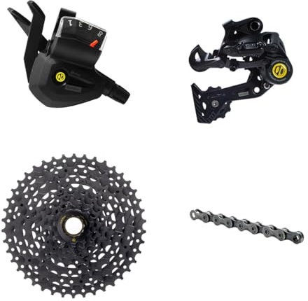 Box | Vier 8-Gang-Multi-Rider-Gruppen mit Schaltwerk, Fahrradschalthebeln, Fahrradkassette, Kette und Komponenten des Schaltkurbelgehäusesatzes