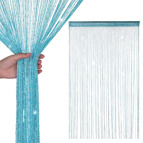 WedDecor Cortina de Hilos con Purpurina, Cortina de Flecos Mosquitera y Divisor de Estancias para Puertas y Ventanas, 90x200cm, Turquesa