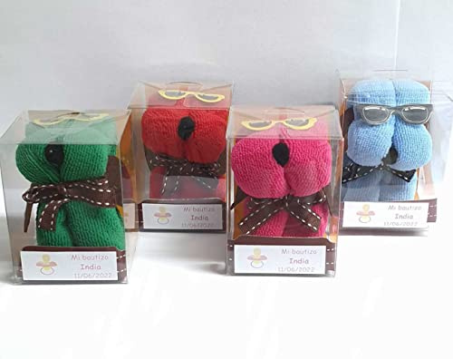 Toalla Perrito, Lote 15 Toallas con Pegatina Personalizada. Regalos Originales para entregar a los Invitados en una Boda, comunión o Bautizo.