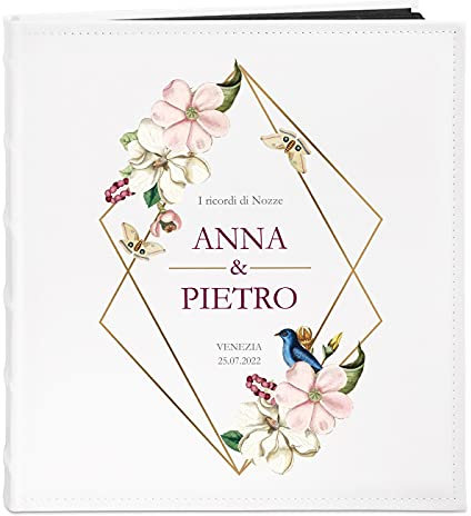 Maverton Album Fotografico Personalizzato con Stampa a Colori - Copertina in Pelle Sintetica Bianca - 60 pagine nere - 240 foto 10x15 cm - idee regalo per anniversario, matrimonio - Ricordi di nozze