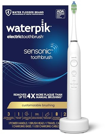 Waterpik Sensonic Sonic Electric Toothbrush, Rechargeable Toothbrush for Adults with 3 Modes, Travel Case, USB Charger, White STW-03W020, Packaging May Vary
