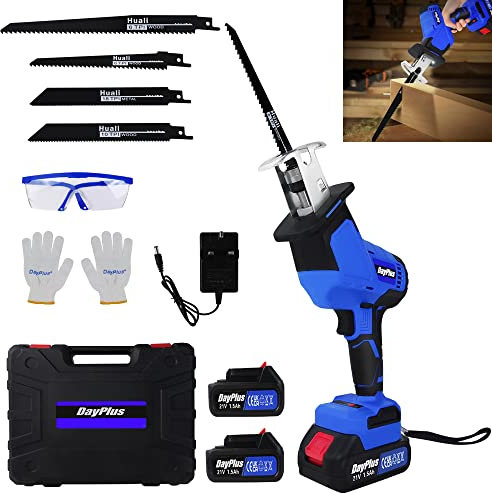 21V Cordless Powered Reciprocating Saw Brushless Reciprocating Saw 15mm Stroke Electric Garden Saw with1.5Ah Batteries,4 Saw Blades,1 Kit Box,0-1900RPM Variable Speed for Metal Wood PVC Pipe Cutting