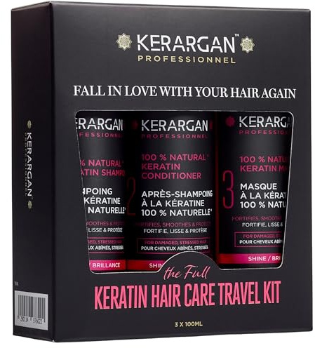 Kerargan - Kit de Viaje Ultra Reparador con Queratina Champú, Acondicionador & Mascarilla - Nutre, Suaviza, Fortalece & Protege incluso en Movimiento - Sin Sulfato, siliconas, GMO - 3x100 ml