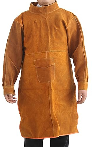 Sanseenia Split Cowhide Leather Welding Jacket, Heat & Flame Resistant Heavy Work Welding Protection Coat, Welding Apron for Men (Yellow - Long Sleeve)